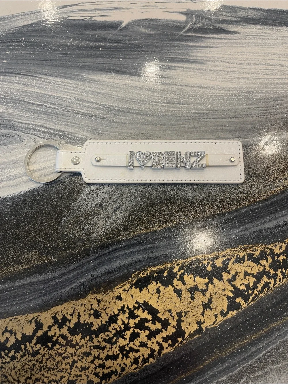 White Leather Crystal 'I ♥ BENZ” Keychain